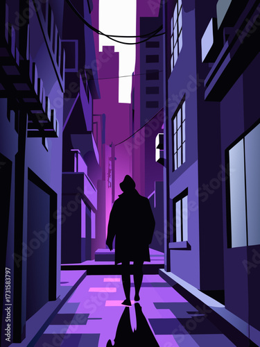 Silhouette of a person walking down a dark purple neon lit city alley at night urban