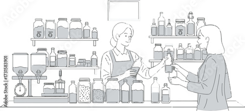 Two women in a zero waste shop, one is a seller and the other is a customer