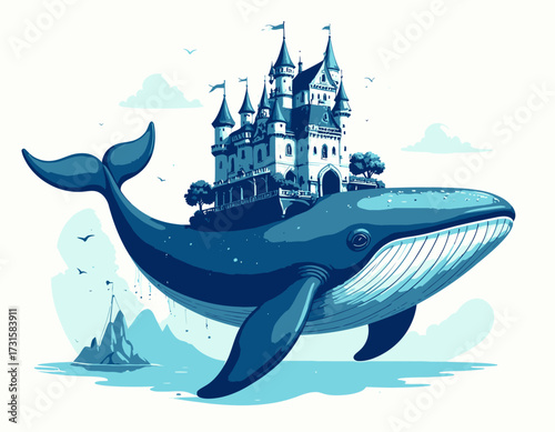 A whimsical illustration of a giant whale carrying a majestic castle across the ocean.