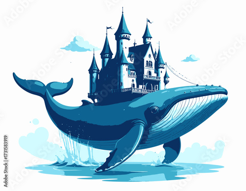 A majestic blue whale swims with a fairytale castle perched gracefully on its back, creating a whimsical scene.