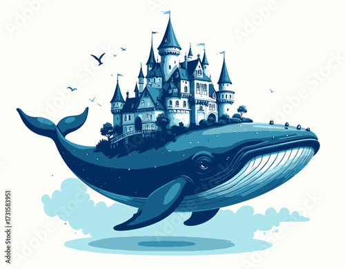 A whimsical illustration depicting a majestic whale carrying a grand castle through the sky, with birds.