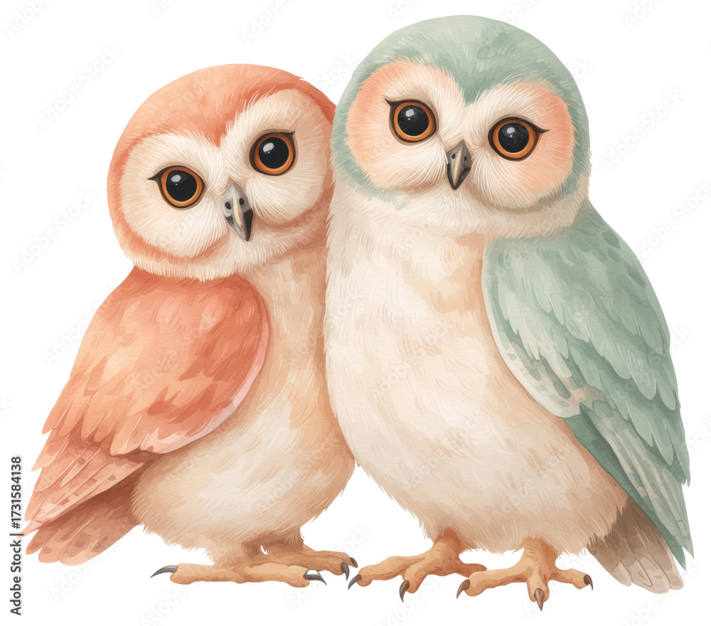 Fototapeta premium Two adorable owls standing close together isolated on transparent background.