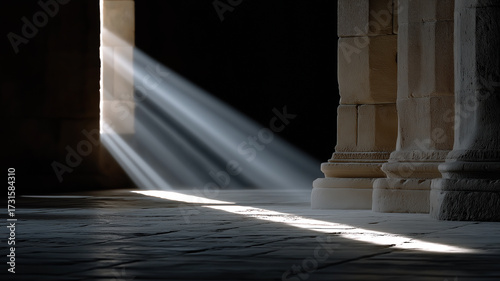 Dramatic sunbeams shining inside old temple interior with intricate stone carvings and mystical shadows symbolizing faith, peace, enlightenment, and sacred divine light in warm golden tones