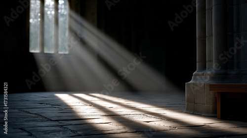 Wallpaper Mural Ancient temple hall glowing with shafts of sunlight filtering through window openings highlighting dust-filled air and textured stone patterns in a mysterious and spiritual cinematic composition Torontodigital.ca