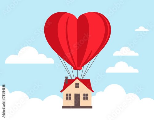A house is lifted into the sky by a large, red, heart-shaped balloon, surrounded by fluffy white clouds against a light blue background.