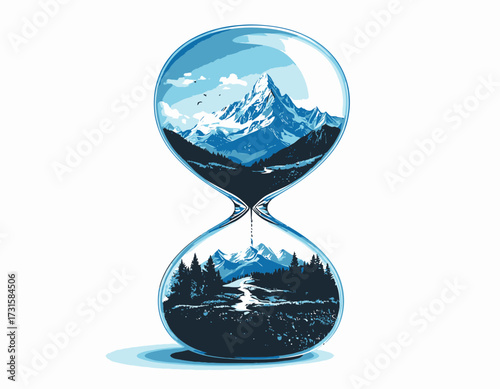 Hourglass containing mountain landscape with snow-capped peaks, trees, and a river, symbolizing the passage of time.