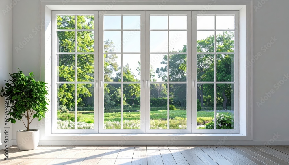 Fototapeta premium Expansive white-framed window with multiple panes showcases lush green trees and vibrant foliage outside, offering a bright and refreshing view inside a clean interior space, accented by a potted...