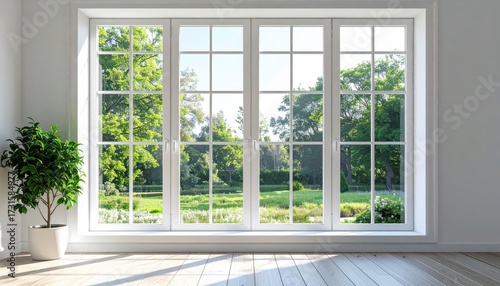 Expansive white-framed window with multiple panes showcases lush green trees and vibrant foliage outside, offering a bright and refreshing view inside a clean interior space, accented by a potted...