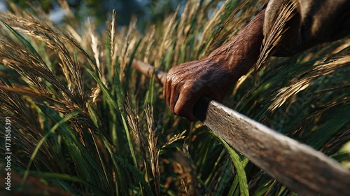 A close-up of a weathered hand gripping a wooden tool amidst tall, golden rice plants, symbolizing hard work and dedication.