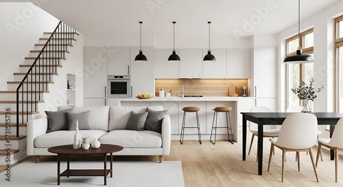 Contemporary kitchen and living area with stylish pendant lights, sofa, dining table, and wooden flooring.