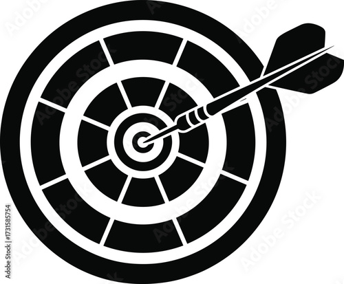 Black dart hitting bullseye on target board icon game sport