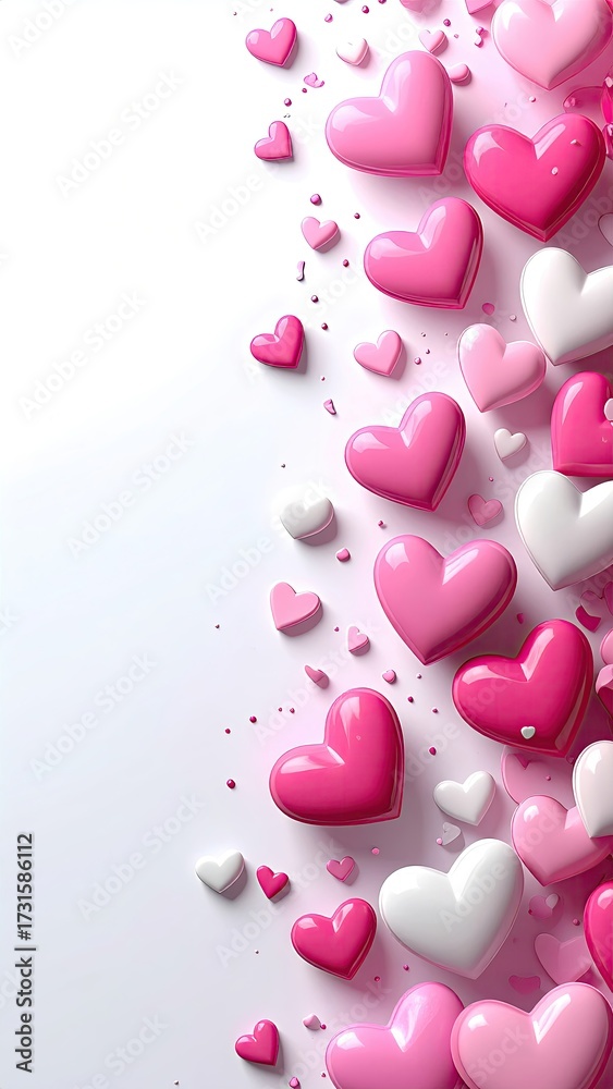 Fototapeta premium Pink and white hearts cascading on white background