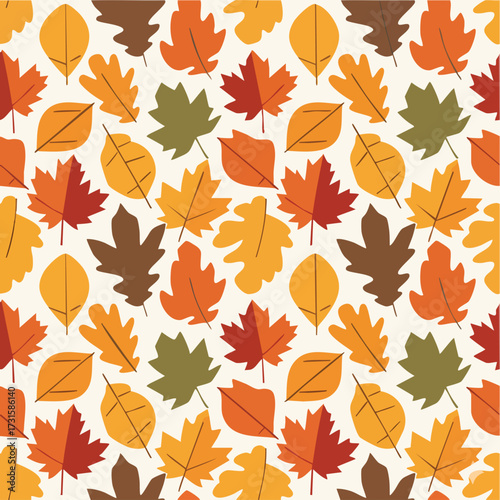 Autumn leaves pattern, fall foliage seamless design, seasonal leaf vector, orange red yellow brown leaves, nature-inspired background