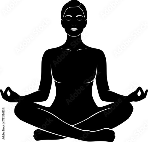 Yoga Meditation Woman Silhouette in Lotus Pose Vector Illustration.