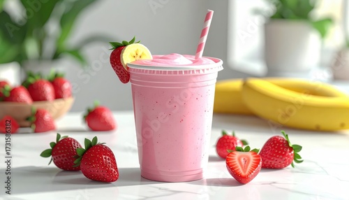 Delicious strawberry smoothie served in a clear plastic cup, garnished with a strawberry and a banana slice, alongside fresh strawberries and ripe bananas, with a pink and white striped straw,...