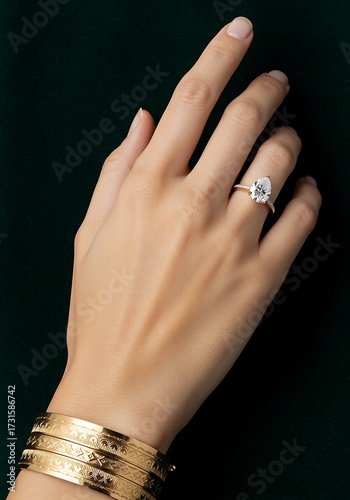 Elegant hand with ring and bracelets against dark backdrop © Ndrudus