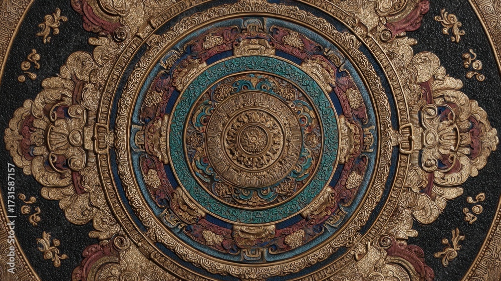 Fototapeta premium Intricate Golden Tibetan Mandala with Colorful Details and Textured Surface