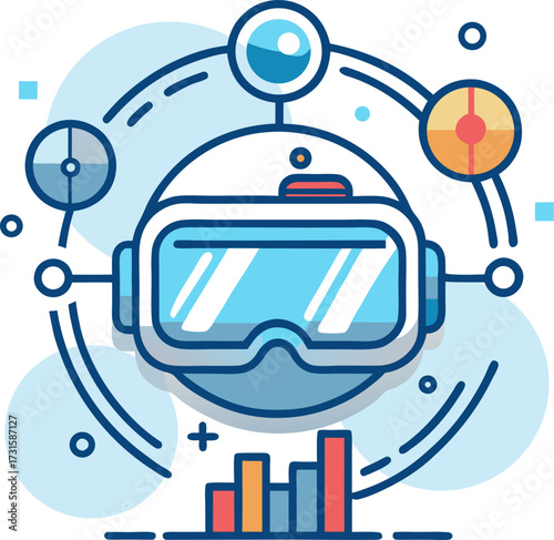 Flat Line Art Virtual Reality Headset with Data Visualization Elements