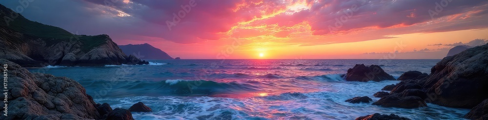 Obraz premium Vast, tranquil ocean meeting a dramatic, rocky coastline under a vibrant sunset sky Perfect for travel, nature, and coastal themed projects , horizon, colors, untouched