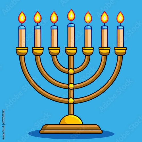Menorah with Lit Candles Colorful Illustration for Hanukkah Holiday
