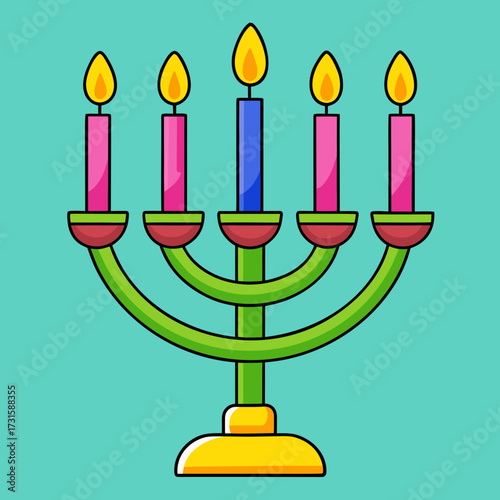 Menorah with Lit Candles Colorful Illustration for Hanukkah Holiday
