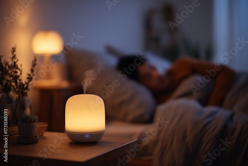 Bedroom aromatherapy diffuser glowing at night essential oils relaxation wellness peaceful sleep self care cozy tranquil atmosphere


