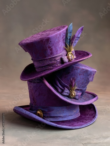 Creative purple top hat stack fantasy whimsical Mad Hatter artistic concept surreal Alice Wonderland magical imaginative design
