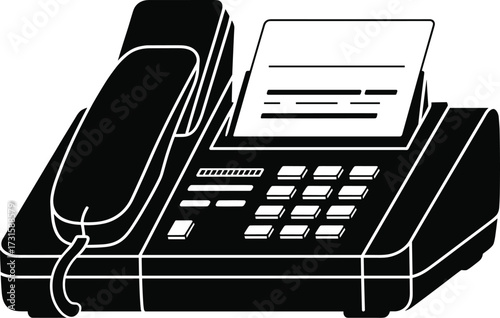 Black silhouette of a fax machine with handset and paper output communication technology