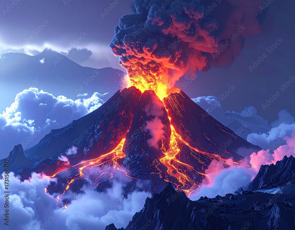 Fototapeta premium A majestic volcano erupts, fiery lava flows down its slopes, billowing smoke and ash into a dramatic twilight sky
