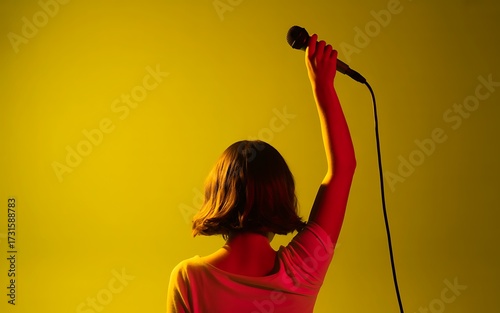 Rear view of a woman singing into a microphone