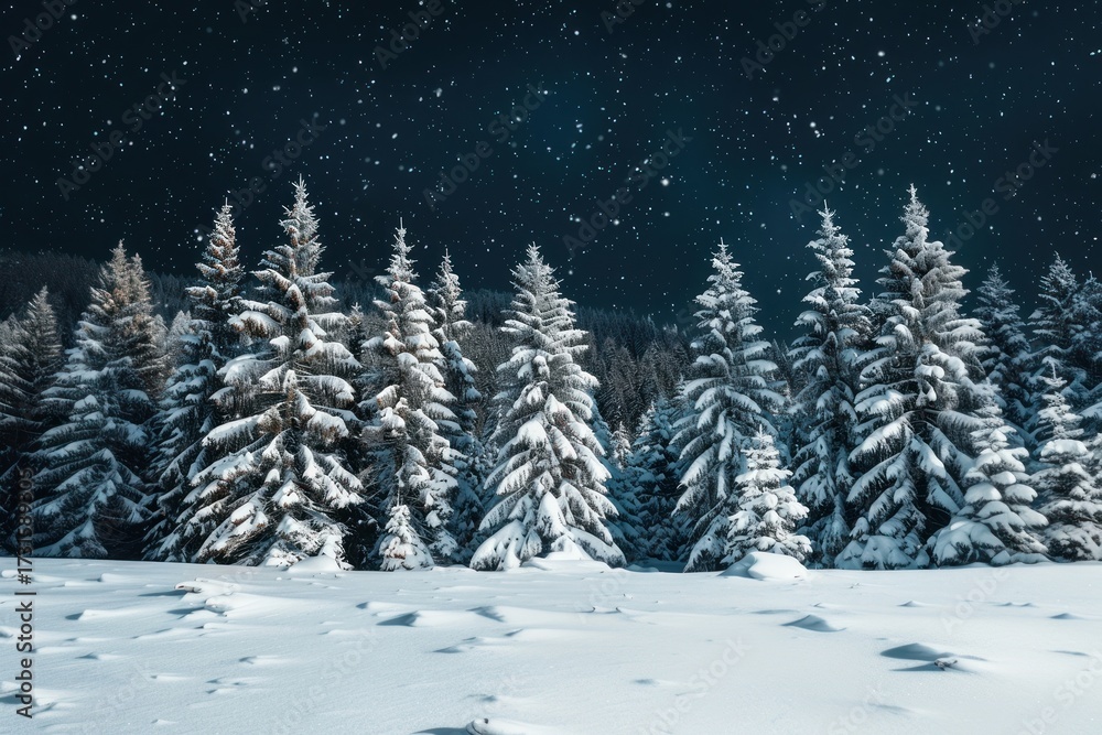 Naklejka premium A snow-covered landscape forest night trees.
