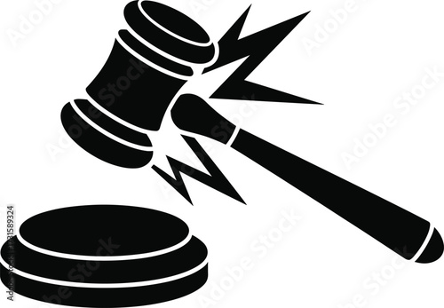Black silhouette of a gavel hitting a sounding block with lightning judge justice
