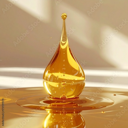 Close-up of golden oil drops, 3d rendering beauty product face serum cosmetic minimalist background