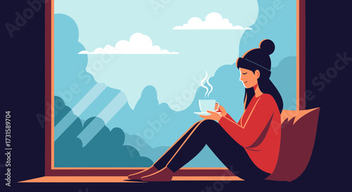 Woman relaxing by window with coffee cozy indoor scene vector illustration for lifestyle content
