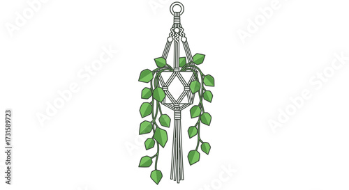 Macrame plant hanger with a leafy vine vector illustration for boho home decor isolated on white