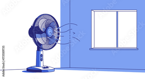 Electric fan blowing air cooling a room illustration for hot weather concept