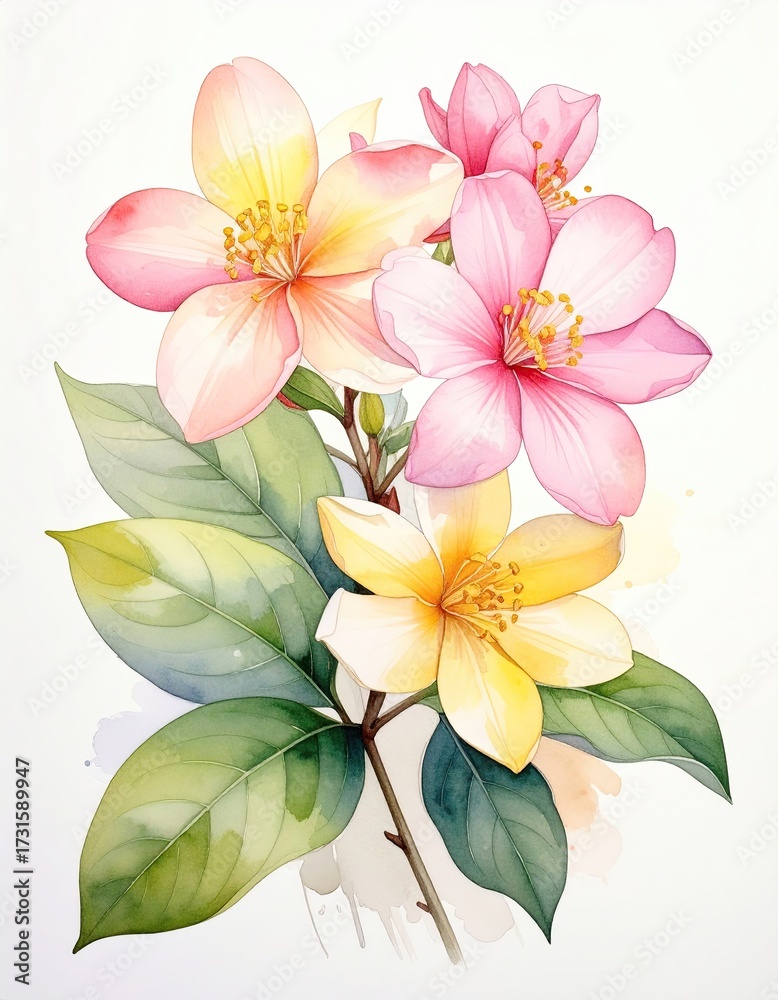 Fototapeta premium Pastel-colored flowers, delicate and vibrant, in a close-up botanical illustration