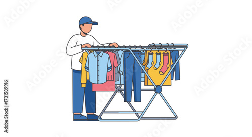 Man hanging clothes on a drying rack vector illustration for laundry and housework isolated on white