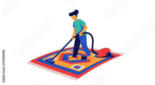 Woman vacuuming a colorful rug isometric illustration for cleaning service and household chores