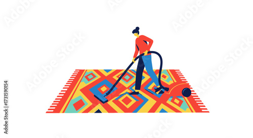 isolated on white background Woman vacuuming a colorful patterned rug flat vector illustration for c