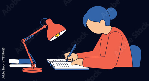isolated on white background Woman writing in notebook under lamp light vector illustration for stud