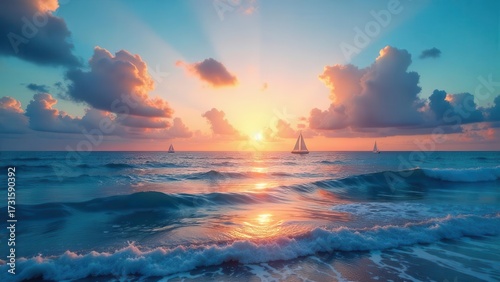 Serene Sunset Seascape Sailboats Gracefully Navigate Gentle Ocean Waves Under a Vibrant Sky
