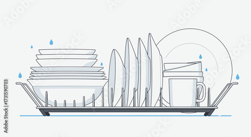 Clean wet dishes, including plates, bowls, and glasses, air-drying in a kitchen dish rack illustration.