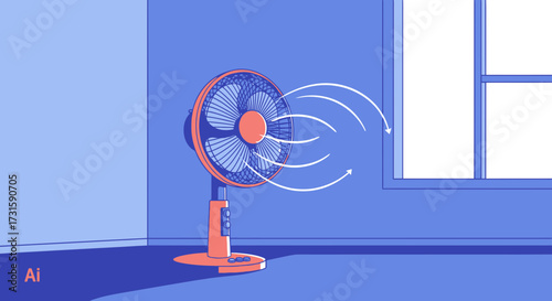 An orange electric fan circulates air in a minimalist blue room, with wind blowing towards an open window.