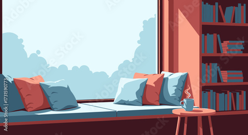 A cozy illustrated reading nook with a window seat, pillows, and a bookshelf.