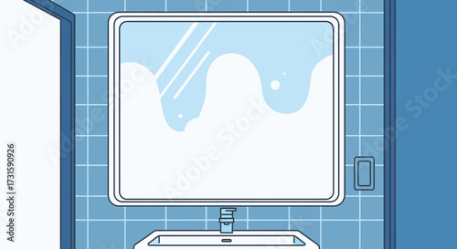 A minimalist cartoon illustration of a steamy, foggy mirror above a sink in a blue tiled bathroom.
