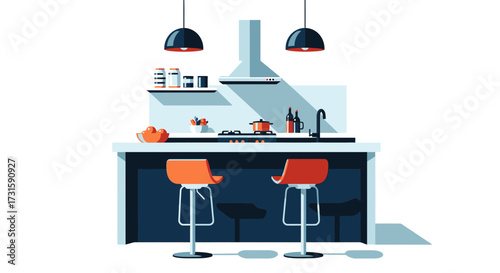 A modern kitchen interior illustration featuring a central island with two orange stools, a stovetop, sink, and hanging pendant lights.