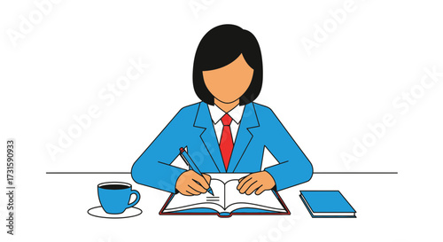 A professional woman in a blue suit sitting at a desk, writing in a notebook with a pen next to a cup of coffee.