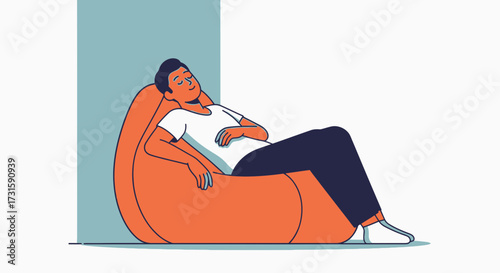 A minimalist illustration of a person resting comfortably in a large orange beanbag chair, enjoying a moment of peace and relaxation.