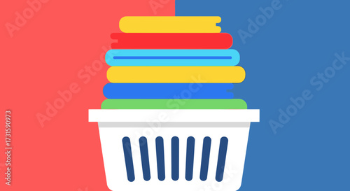 A white laundry basket filled with a stack of colorful, neatly folded clothes against a split red and blue background.